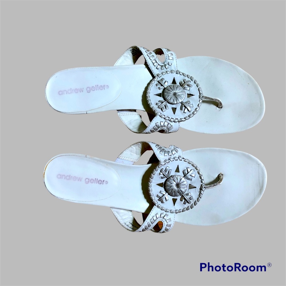 Leather , genuine A. Geller white sandals, kitten heels, silver accents, SZ 9 M